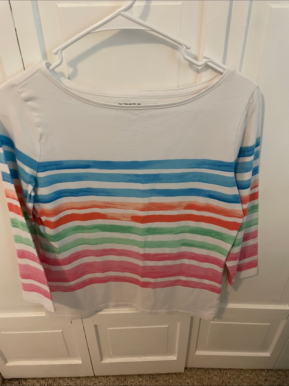 Talbots White Tee with Turquoise and Coral Brushstroke Stripes